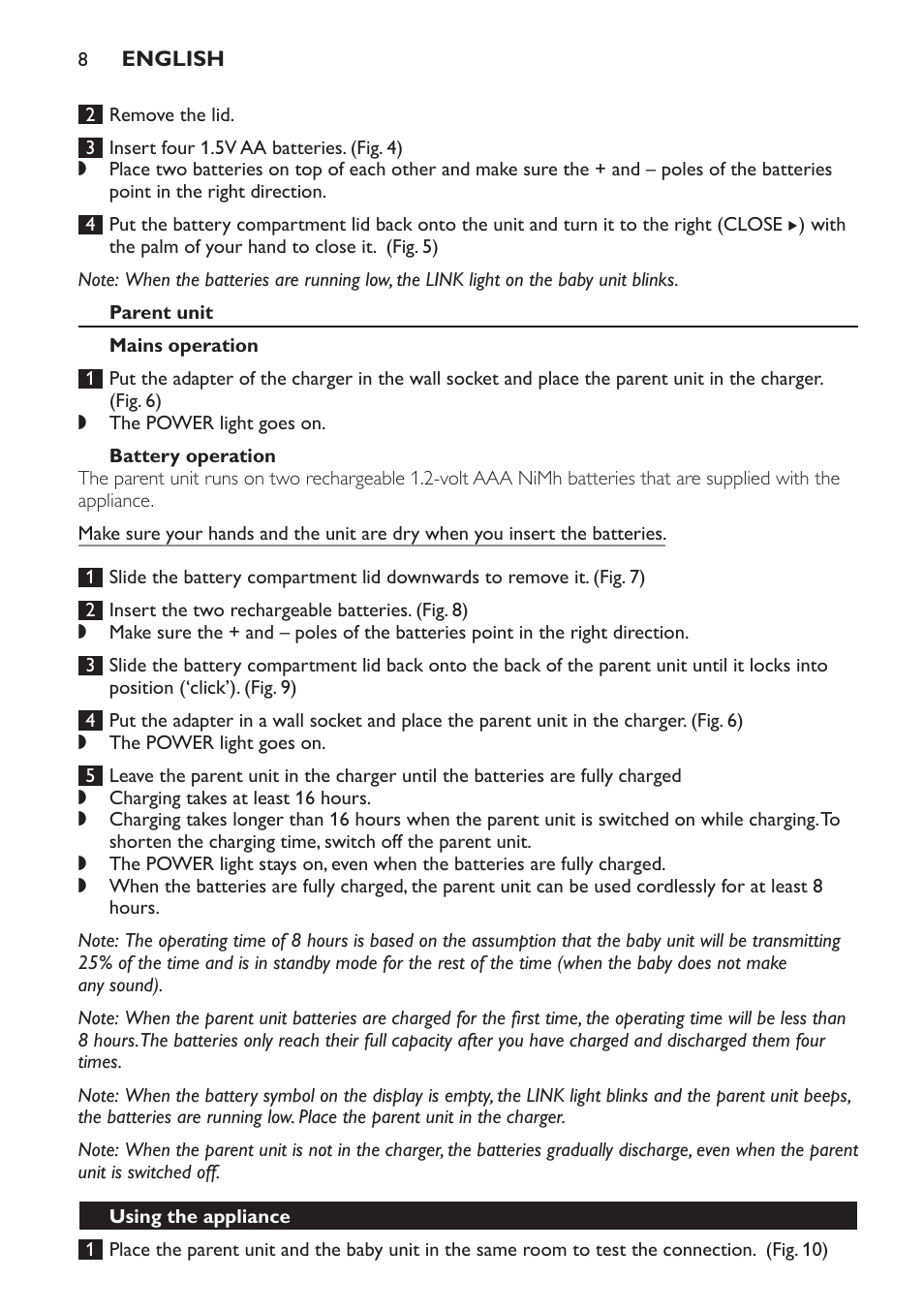 Parent unit, Mains operation, Battery operation | Using the appliance | Philips MONITOR SCD489 User Manual | Page 8 / 196