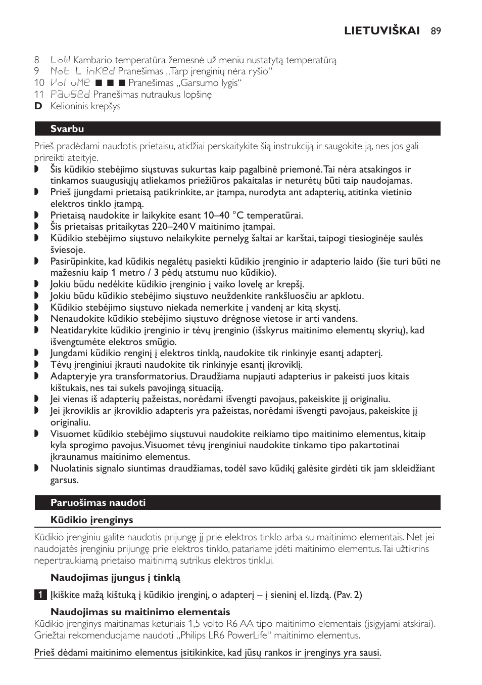 Svarbu, Paruošimas naudoti, Kūdikio įrenginys | Naudojimas įjungus į tinklą, Naudojimas su maitinimo elementais | Philips MONITOR SCD489 User Manual | Page 89 / 196
