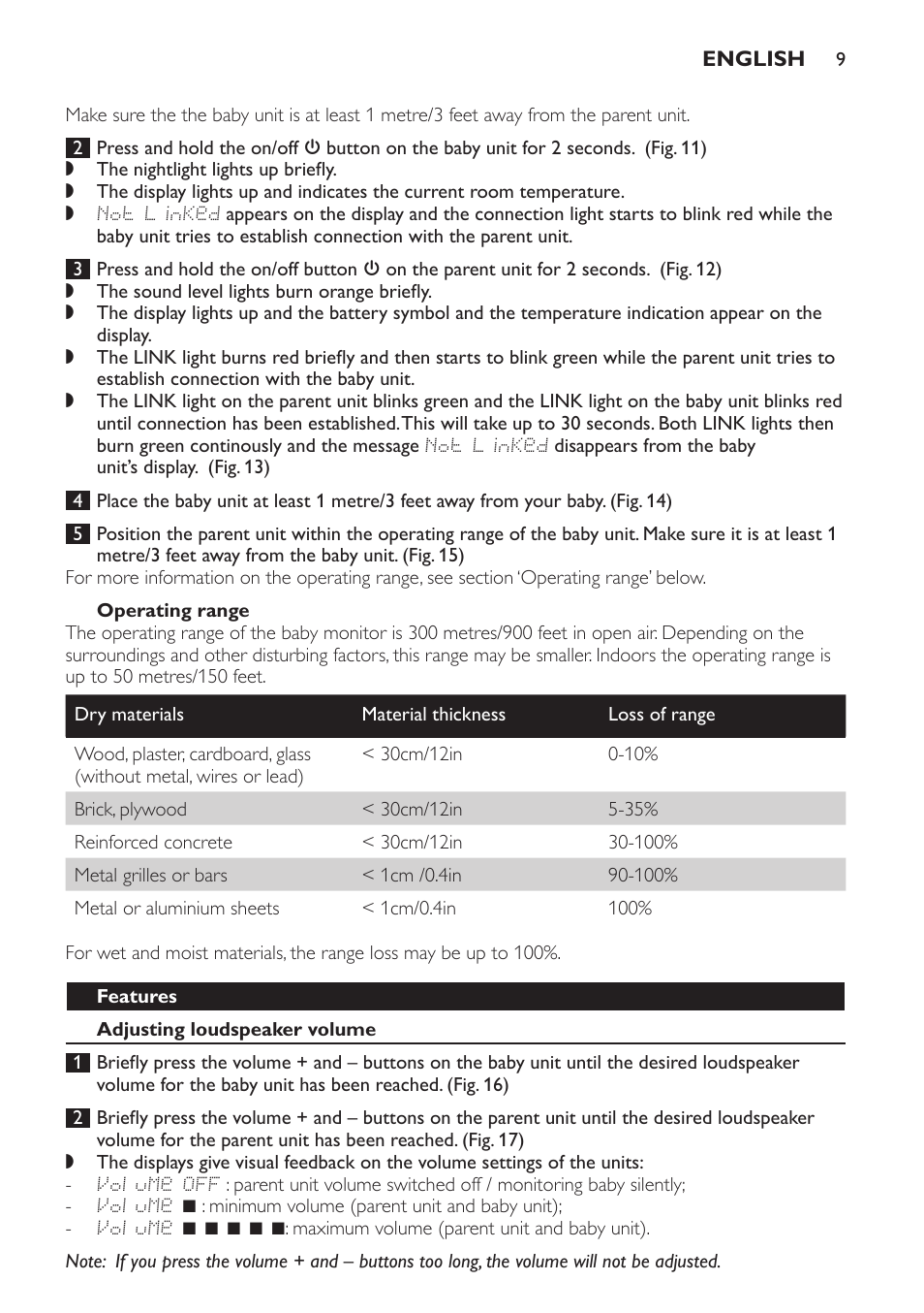 Operating range, Features, Adjusting loudspeaker volume | Philips MONITOR SCD489 User Manual | Page 9 / 196