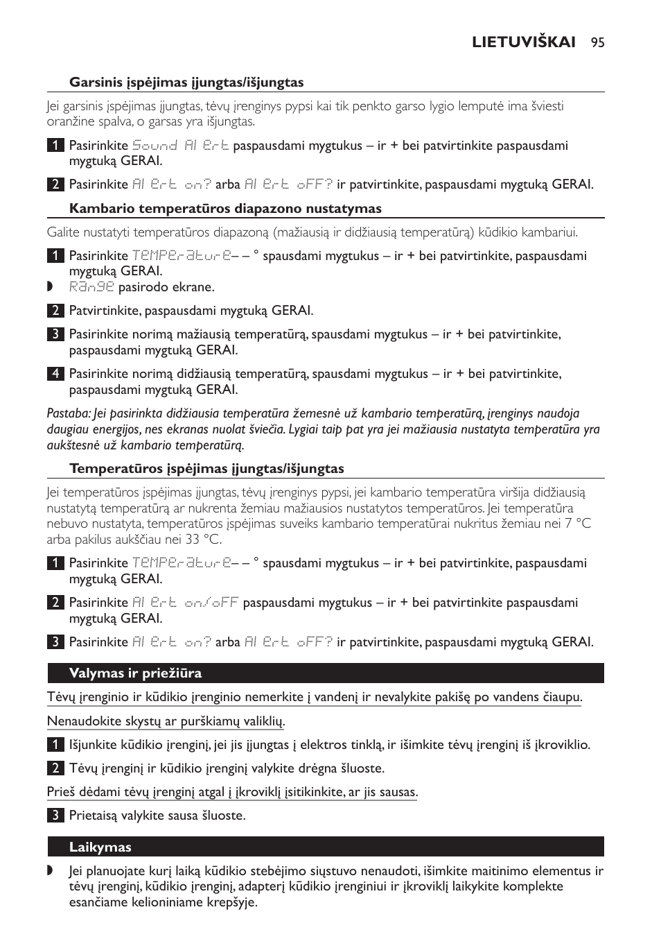 Kambario temperatūros diapazono nustatymas, Temperatūros įspėjimas įjungtas/išjungtas, Valymas ir priežiūra | Laikymas, Aplinka | Philips MONITOR SCD489 User Manual | Page 95 / 196