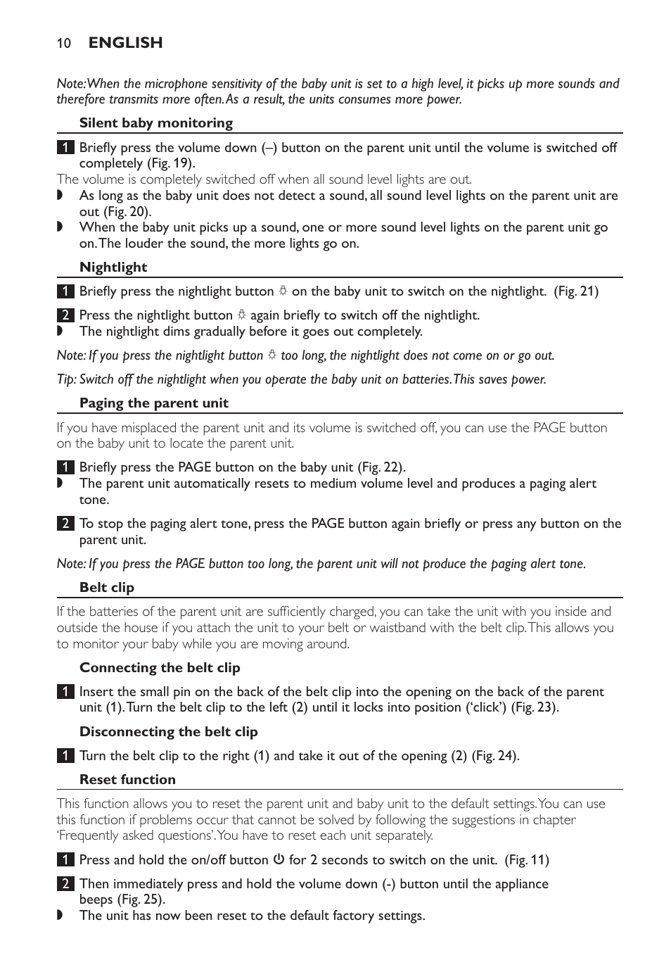 Silent baby monitoring, Nightlight, Paging the parent unit | Belt clip, Connecting the belt clip, Disconnecting the belt clip, Reset function | Philips SCD497 User Manual | Page 10 / 156