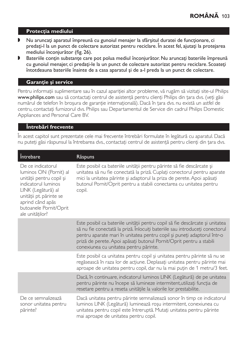 Protecţia mediului, Garanţie şi service, Întrebări frecvente | Philips SCD497 User Manual | Page 103 / 156