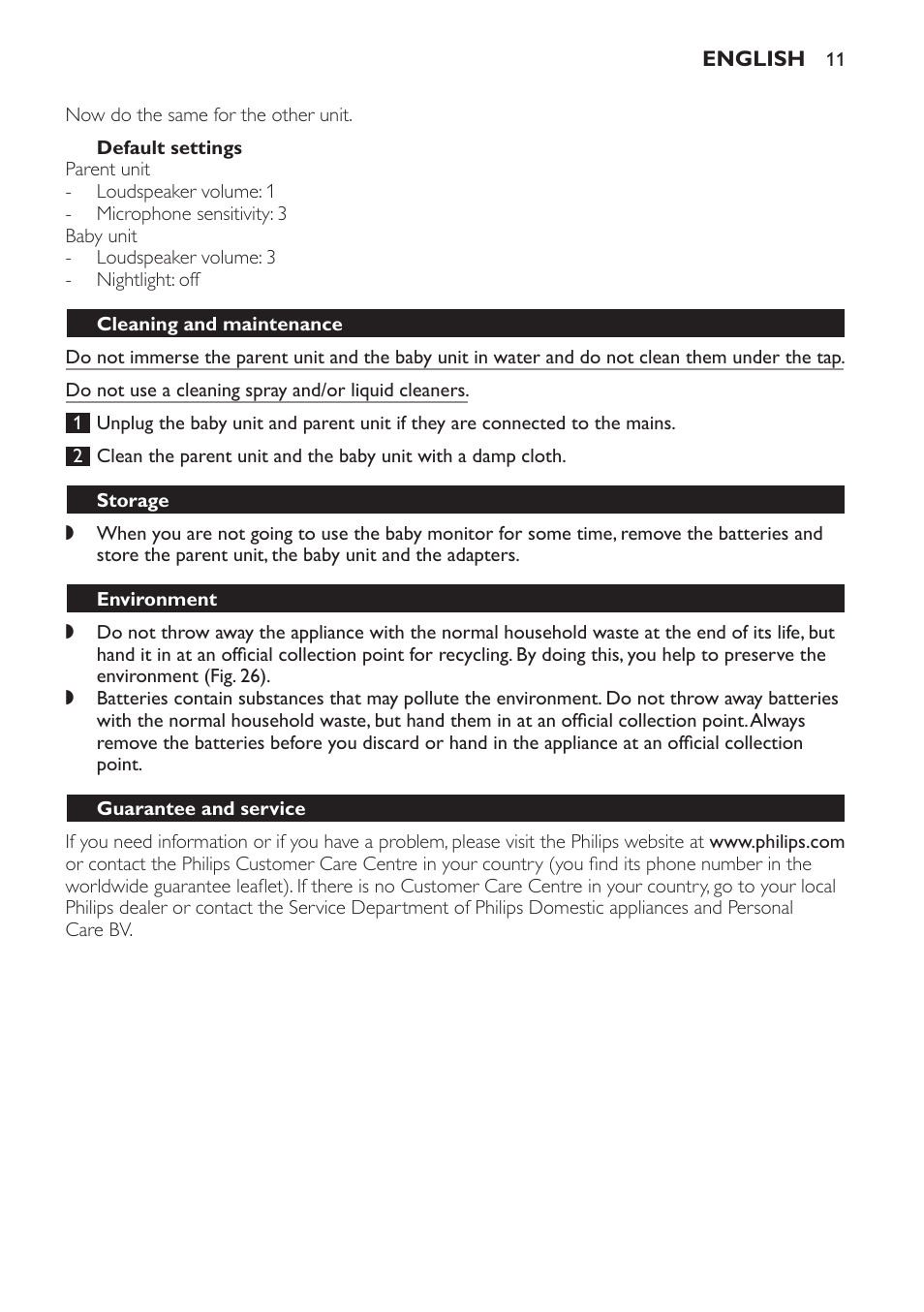 Default settings, Cleaning and maintenance, Storage | Environment, Guarantee and service, Frequently asked questions | Philips SCD497 User Manual | Page 11 / 156