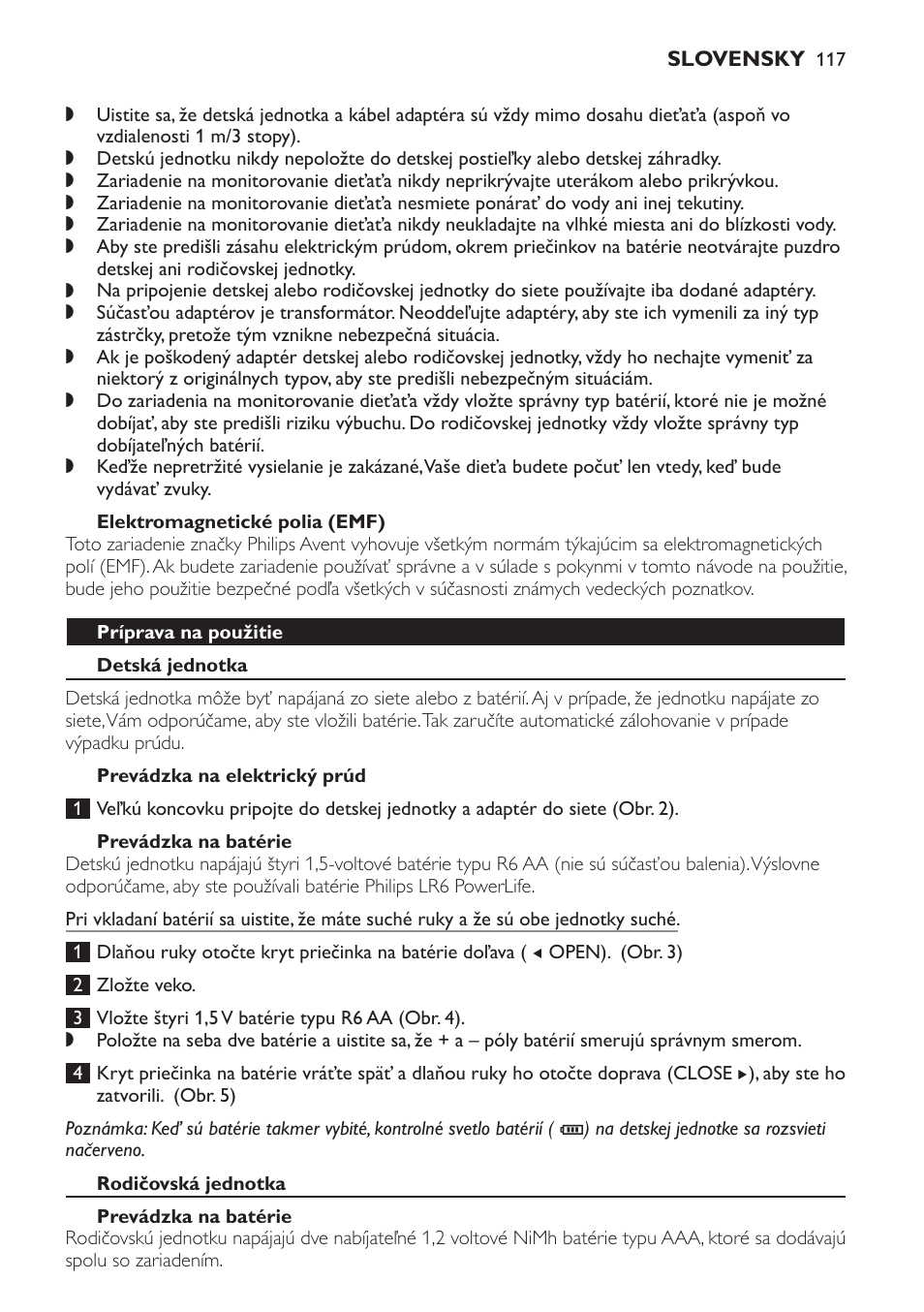 Elektromagnetické polia (emf), Príprava na použitie, Detská jednotka | Prevádzka na elektrický prúd, Prevádzka na batérie, Rodičovská jednotka | Philips SCD497 User Manual | Page 117 / 156