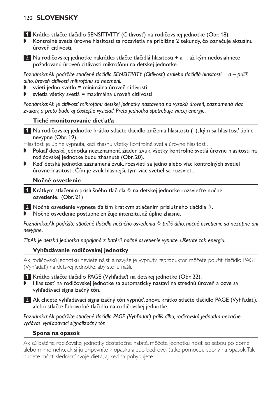 Tiché monitorovanie dieťaťa, Nočné osvetlenie, Vyhľadávanie rodičovskej jednotky | Spona na opasok | Philips SCD497 User Manual | Page 120 / 156