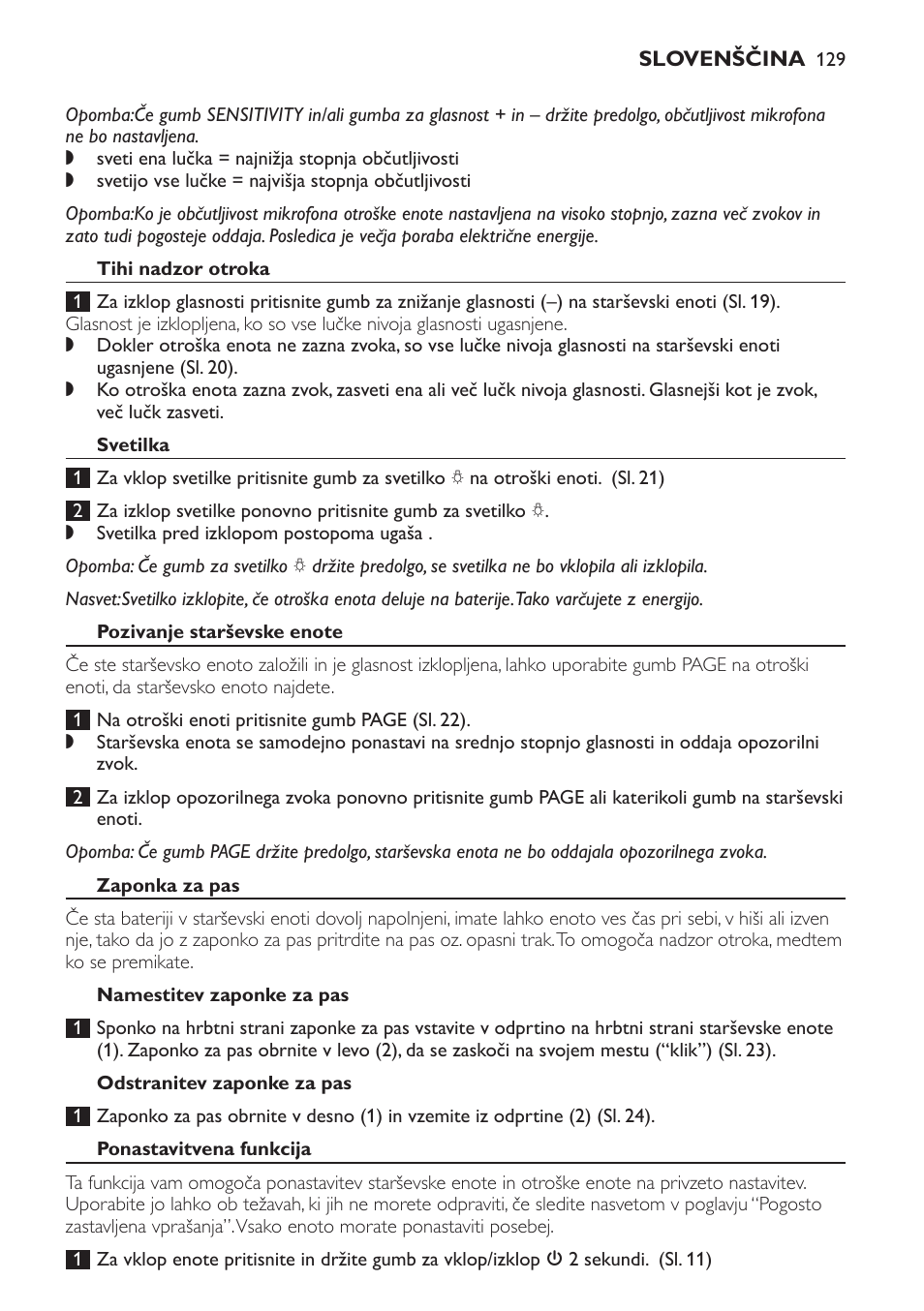 Tihi nadzor otroka, Svetilka, Pozivanje starševske enote | Zaponka za pas, Namestitev zaponke za pas, Odstranitev zaponke za pas, Ponastavitvena funkcija | Philips SCD497 User Manual | Page 129 / 156
