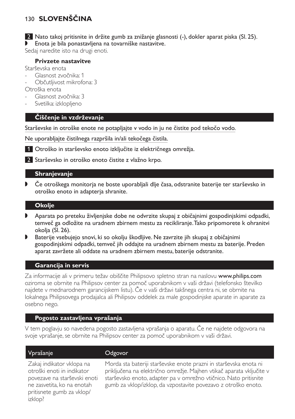 Privzete nastavitve, Čiščenje in vzdrževanje, Shranjevanje | Okolje, Garancija in servis, Pogosto zastavljena vprašanja | Philips SCD497 User Manual | Page 130 / 156
