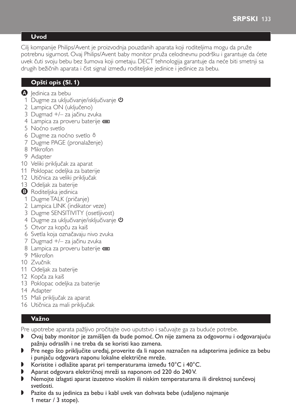 Srpski, Uvod, Opšti opis (sl. 1) | Važno | Philips SCD497 User Manual | Page 133 / 156