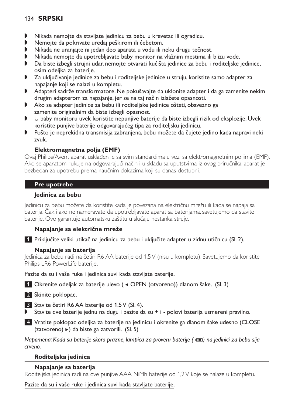 Elektromagnetna polja (emf), Pre upotrebe, Jedinica za bebu | Napajanje sa električne mreže, Napajanje sa baterija, Roditeljska jedinica | Philips SCD497 User Manual | Page 134 / 156