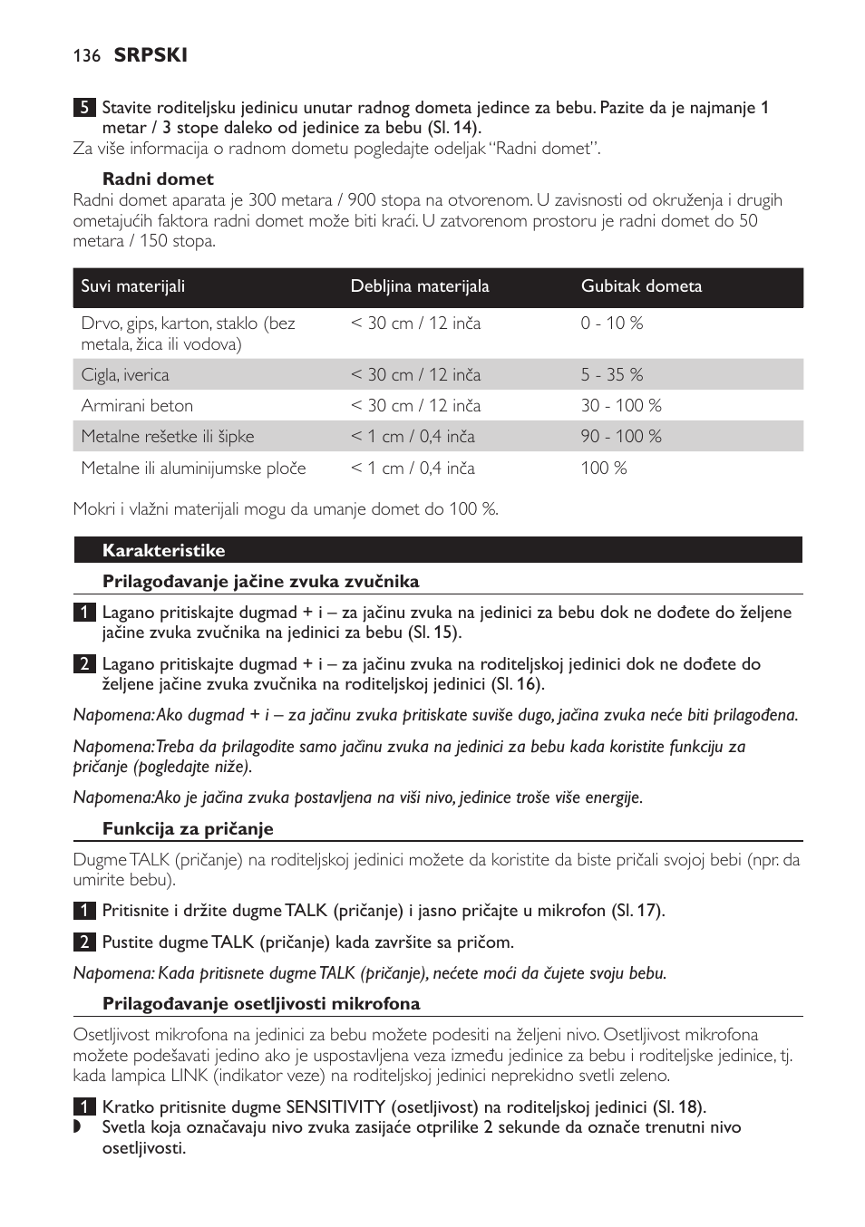 Radni domet, Karakteristike, Prilagođavanje jačine zvuka zvučnika | Funkcija za pričanje, Prilagođavanje osetljivosti mikrofona | Philips SCD497 User Manual | Page 136 / 156