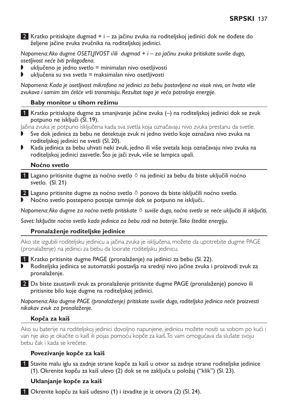 Baby monitor u tihom režimu, Noćno svetlo, Pronalaženje roditeljske jedinice | Kopča za kaiš, Povezivanje kopče za kaiš, Uklanjanje kopče za kaiš | Philips SCD497 User Manual | Page 137 / 156