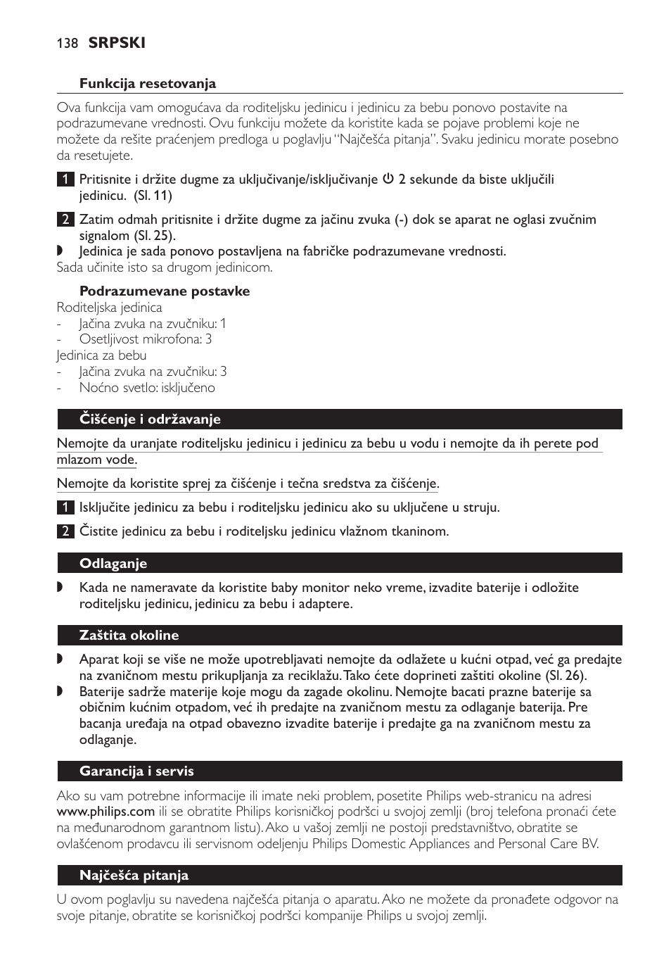 Funkcija resetovanja, Podrazumevane postavke, Čišćenje i održavanje | Odlaganje, Zaštita okoline, Garancija i servis, Najčešća pitanja | Philips SCD497 User Manual | Page 138 / 156