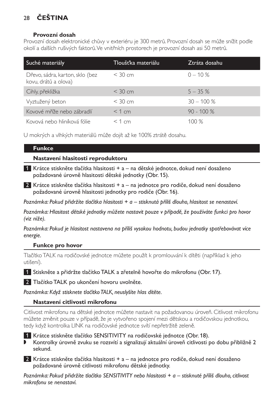 Provozní dosah, Funkce, Nastavení hlasitosti reproduktoru | Funkce pro hovor, Nastavení citlivosti mikrofonu | Philips SCD497 User Manual | Page 28 / 156