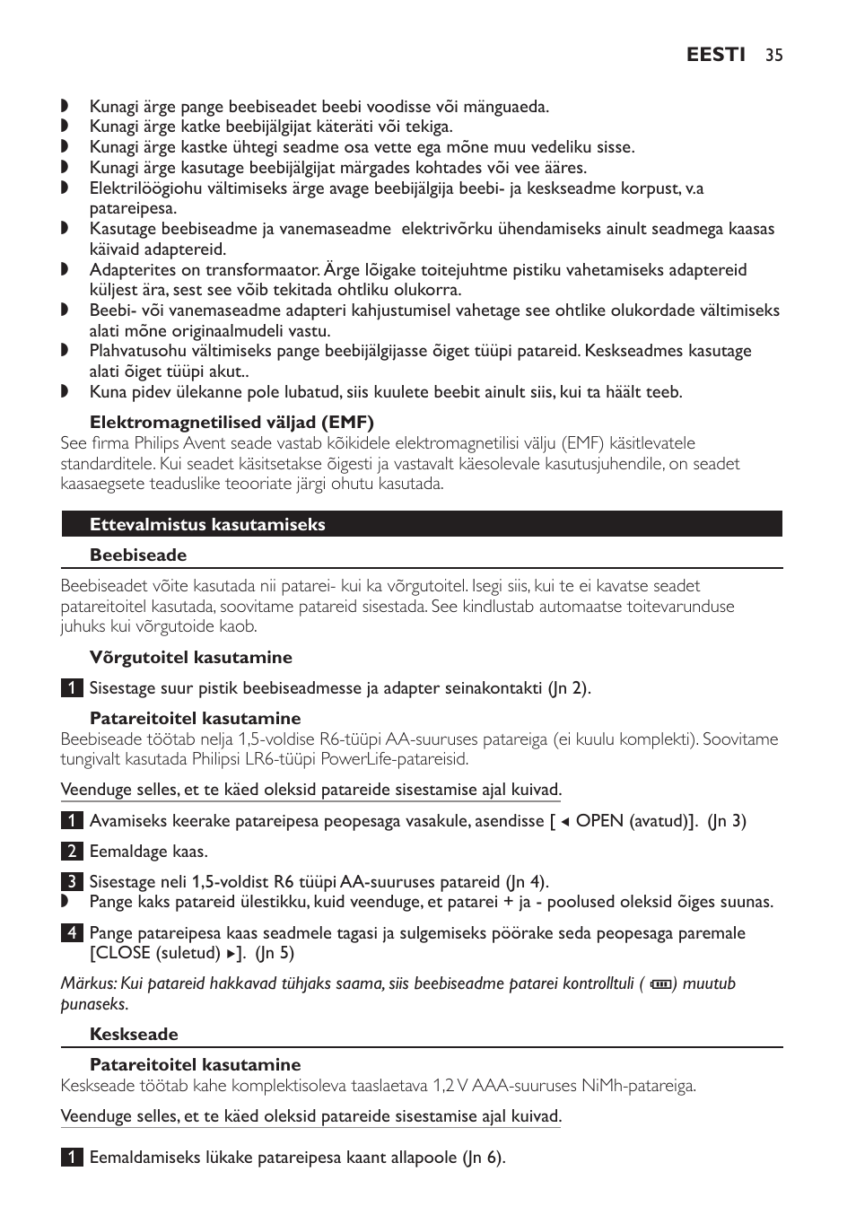 Elektromagnetilised väljad (emf), Ettevalmistus kasutamiseks, Beebiseade | Võrgutoitel kasutamine, Patareitoitel kasutamine, Keskseade | Philips SCD497 User Manual | Page 35 / 156