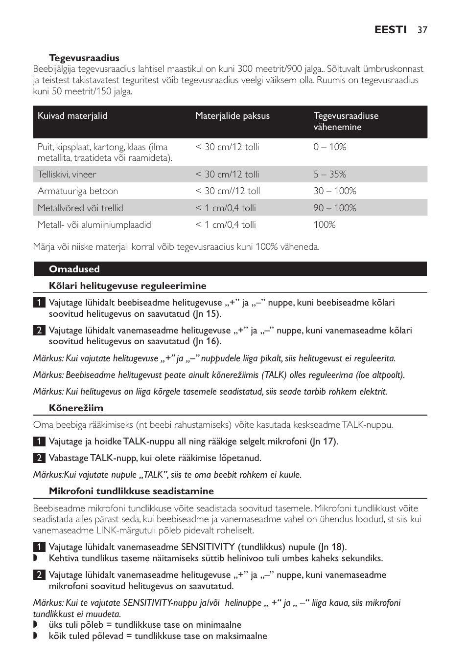 Tegevusraadius, Omadused, Kõlari helitugevuse reguleerimine | Kõnerežiim, Mikrofoni tundlikkuse seadistamine | Philips SCD497 User Manual | Page 37 / 156