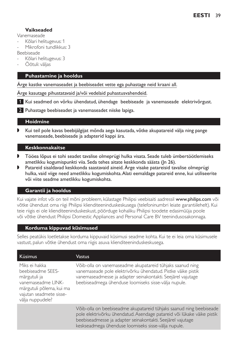 Vaikseaded, Puhastamine ja hooldus, Hoidmine | Keskkonnakaitse, Garantii ja hooldus, Korduma kippuvad küsimused | Philips SCD497 User Manual | Page 39 / 156