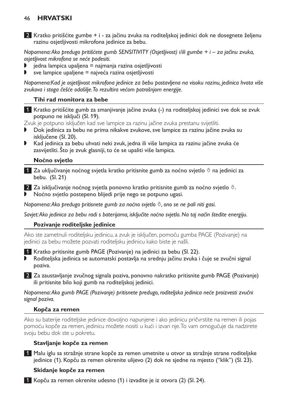 Tihi rad monitora za bebe, Noćno svjetlo, Pozivanje roditeljske jedinice | Kopča za remen, Stavljanje kopče za remen, Skidanje kopče za remen | Philips SCD497 User Manual | Page 46 / 156