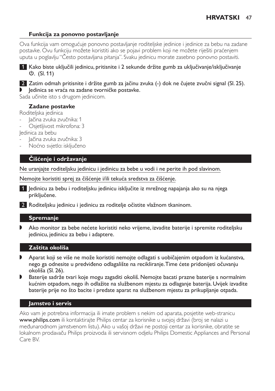 Funkcija za ponovno postavljanje, Zadane postavke, Čišćenje i održavanje | Spremanje, Zaštita okoliša, Jamstvo i servis, Često postavljana pitanja | Philips SCD497 User Manual | Page 47 / 156