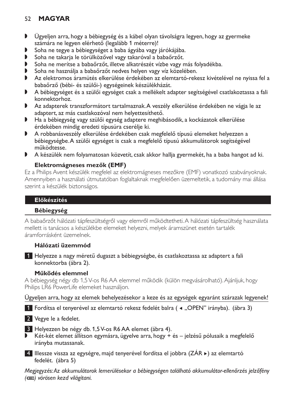 Elektromágneses mezők (emf), Előkészítés, Bébiegység | Hálózati üzemmód, Működés elemmel | Philips SCD497 User Manual | Page 52 / 156