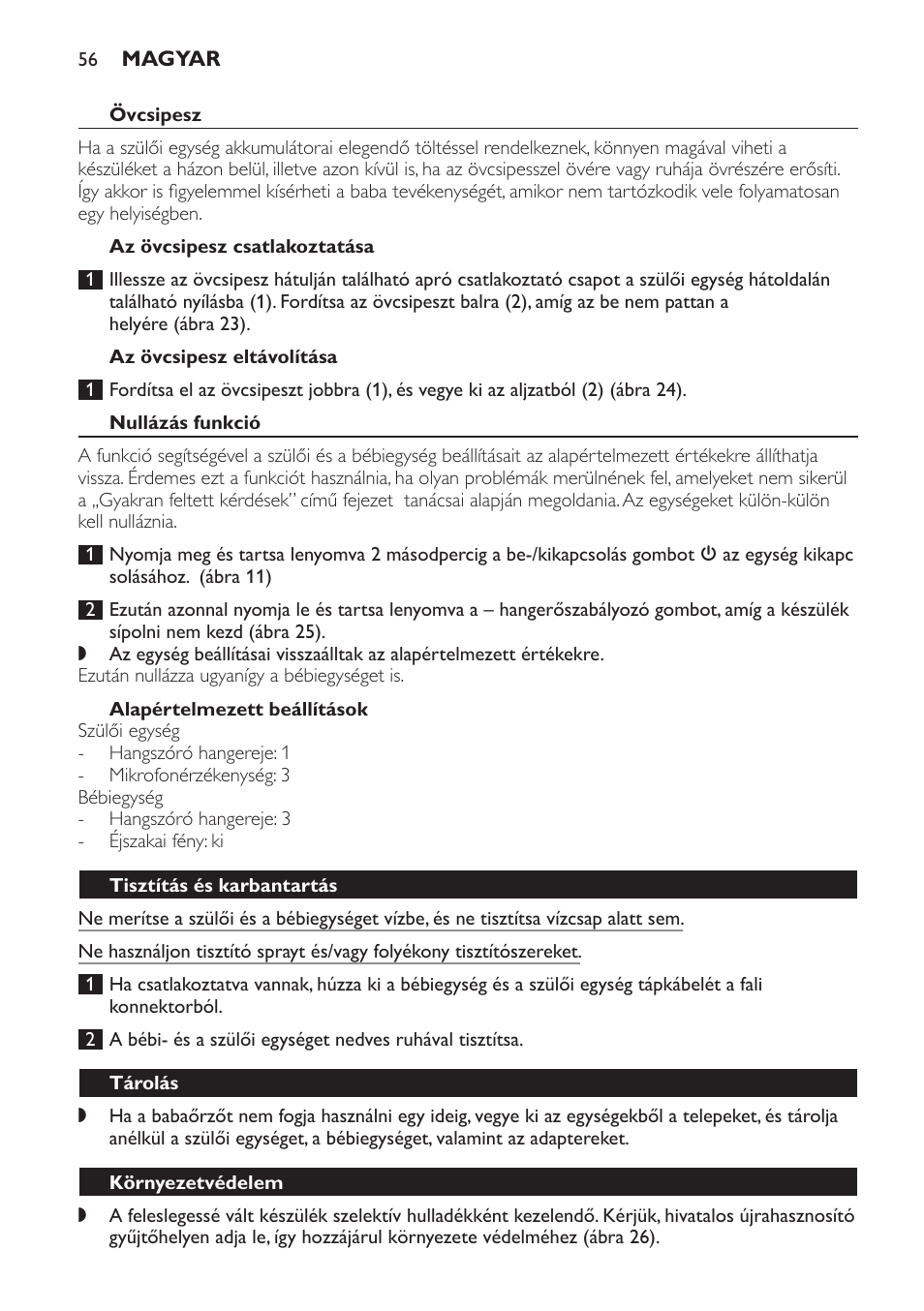 Övcsipesz, Az övcsipesz csatlakoztatása, Az övcsipesz eltávolítása | Nullázás funkció, Alapértelmezett beállítások, Tisztítás és karbantartás, Tárolás, Környezetvédelem | Philips SCD497 User Manual | Page 56 / 156