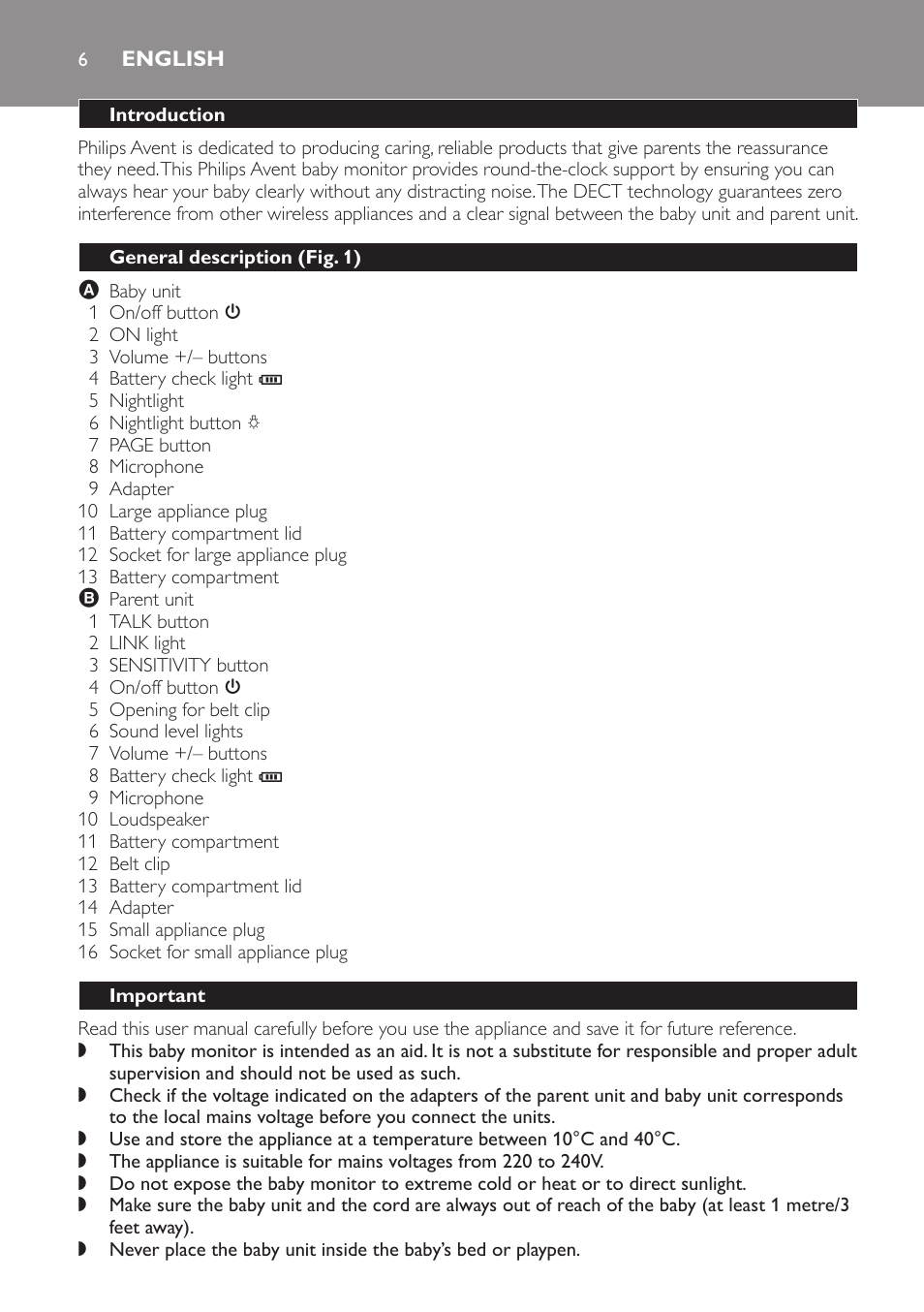 English, Introduction, General description (fig. 1) | Important | Philips SCD497 User Manual | Page 6 / 156