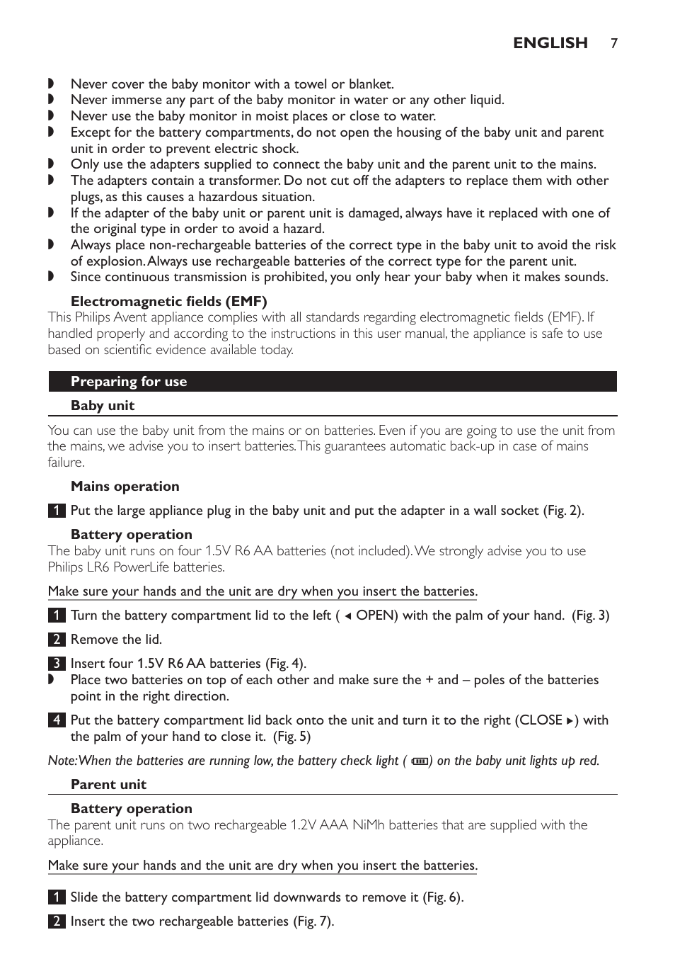 Electromagnetic fields (emf), Preparing for use, Baby unit | Mains operation, Battery operation, Parent unit | Philips SCD497 User Manual | Page 7 / 156