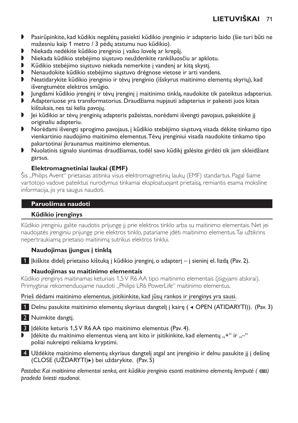 Elektromagnetiniai laukai (emf), Paruošimas naudoti, Kūdikio įrenginys | Naudojimas įjungus į tinklą, Naudojimas su maitinimo elementais | Philips SCD497 User Manual | Page 71 / 156
