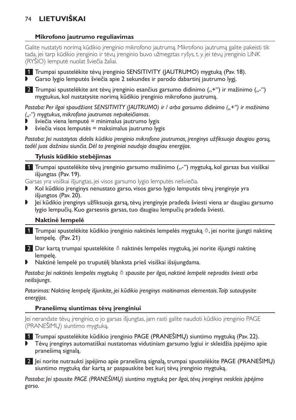 Mikrofono jautrumo reguliavimas, Tylusis kūdikio stebėjimas, Naktinė lempelė | Pranešimų siuntimas tėvų įrenginiui | Philips SCD497 User Manual | Page 74 / 156