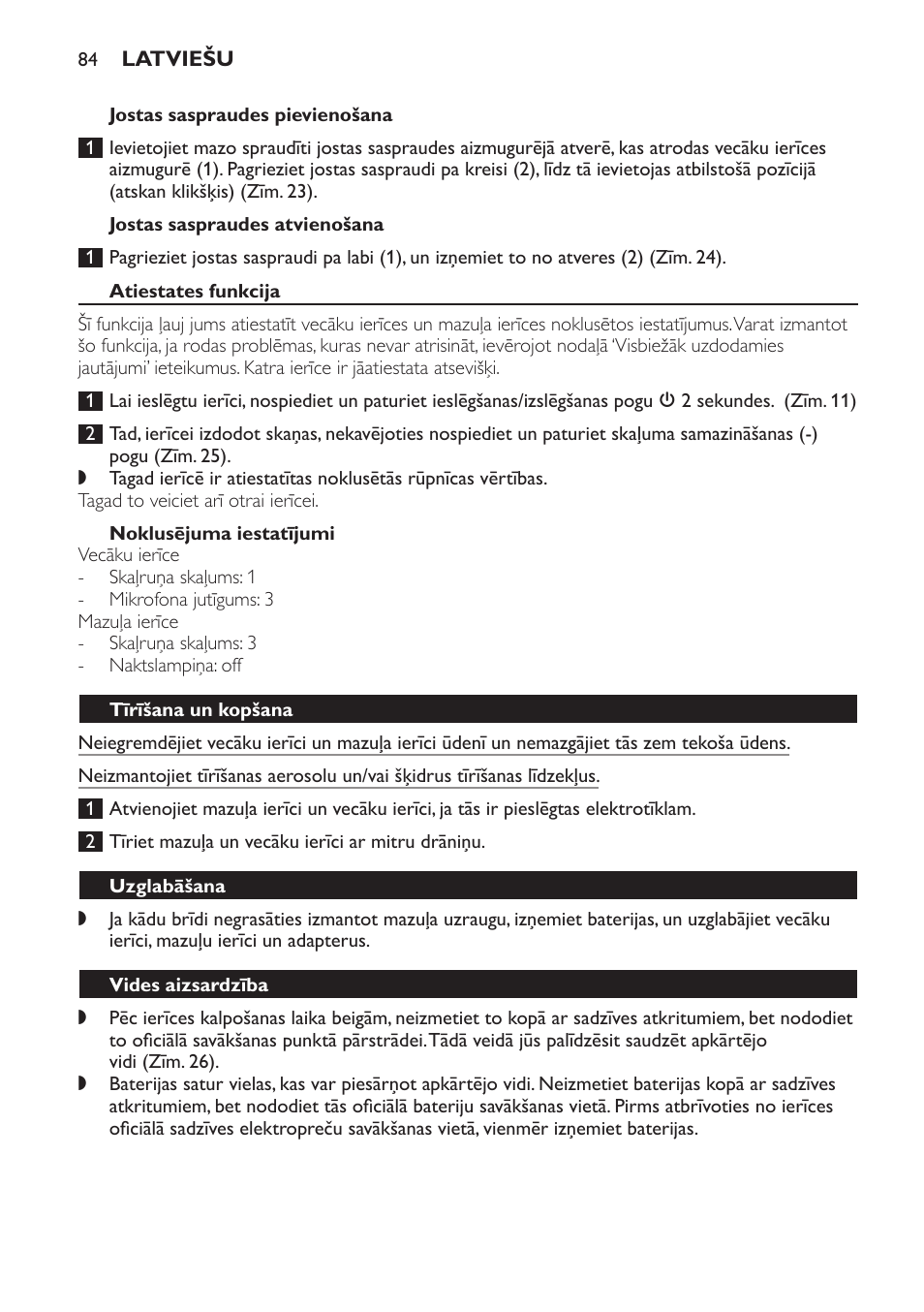 Jostas saspraudes pievienošana, Jostas saspraudes atvienošana, Atiestates funkcija | Noklusējuma iestatījumi, Tīrīšana un kopšana, Uzglabāšana, Vides aizsardzība, Garantija un apkalpošana | Philips SCD497 User Manual | Page 84 / 156