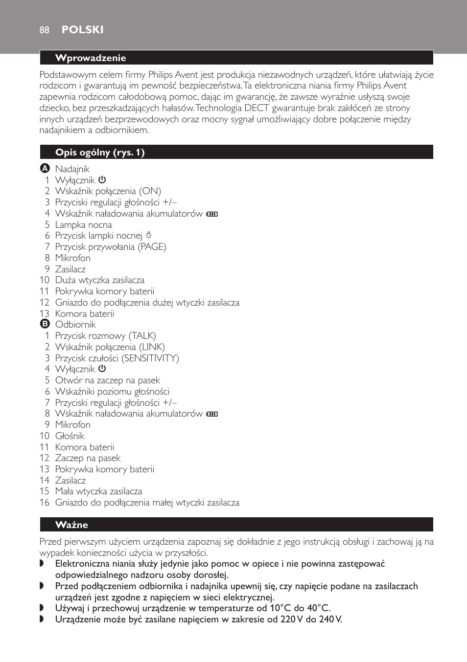 Polski, Wprowadzenie, Opis ogólny (rys. 1) | Ważne | Philips SCD497 User Manual | Page 88 / 156