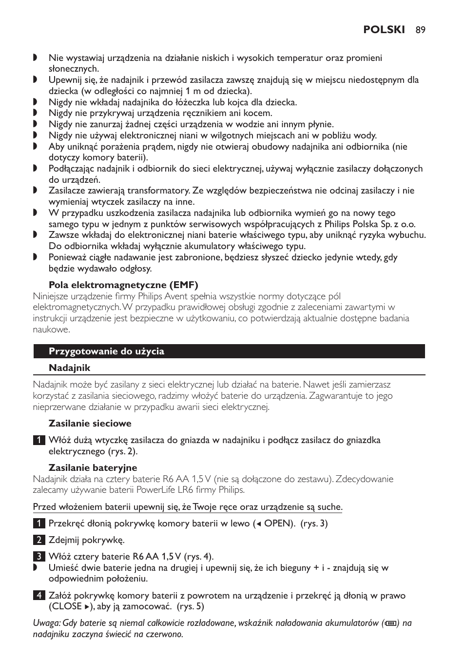 Pola elektromagnetyczne (emf), Przygotowanie do użycia, Nadajnik | Zasilanie sieciowe, Zasilanie bateryjne | Philips SCD497 User Manual | Page 89 / 156