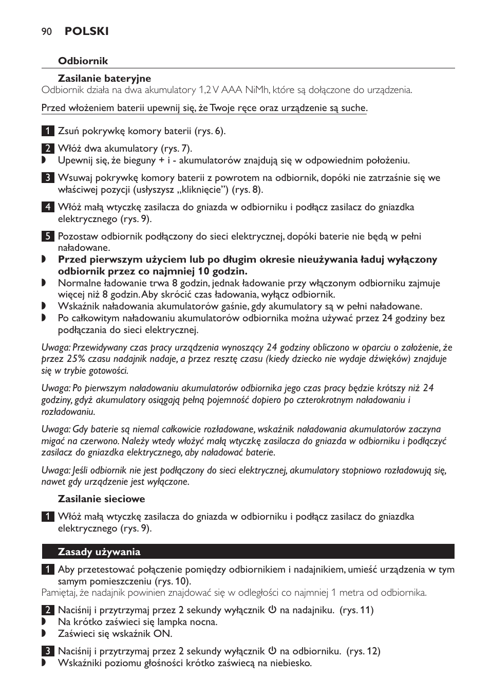 Odbiornik, Zasilanie bateryjne, Zasilanie sieciowe | Zasady używania | Philips SCD497 User Manual | Page 90 / 156