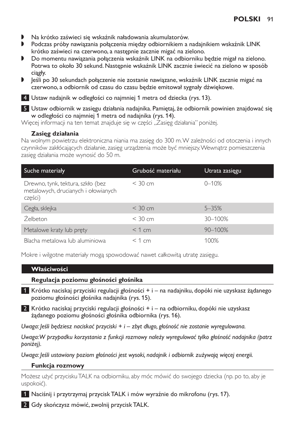 Zasięg działania, Właściwości, Regulacja poziomu głośności głośnika | Funkcja rozmowy | Philips SCD497 User Manual | Page 91 / 156