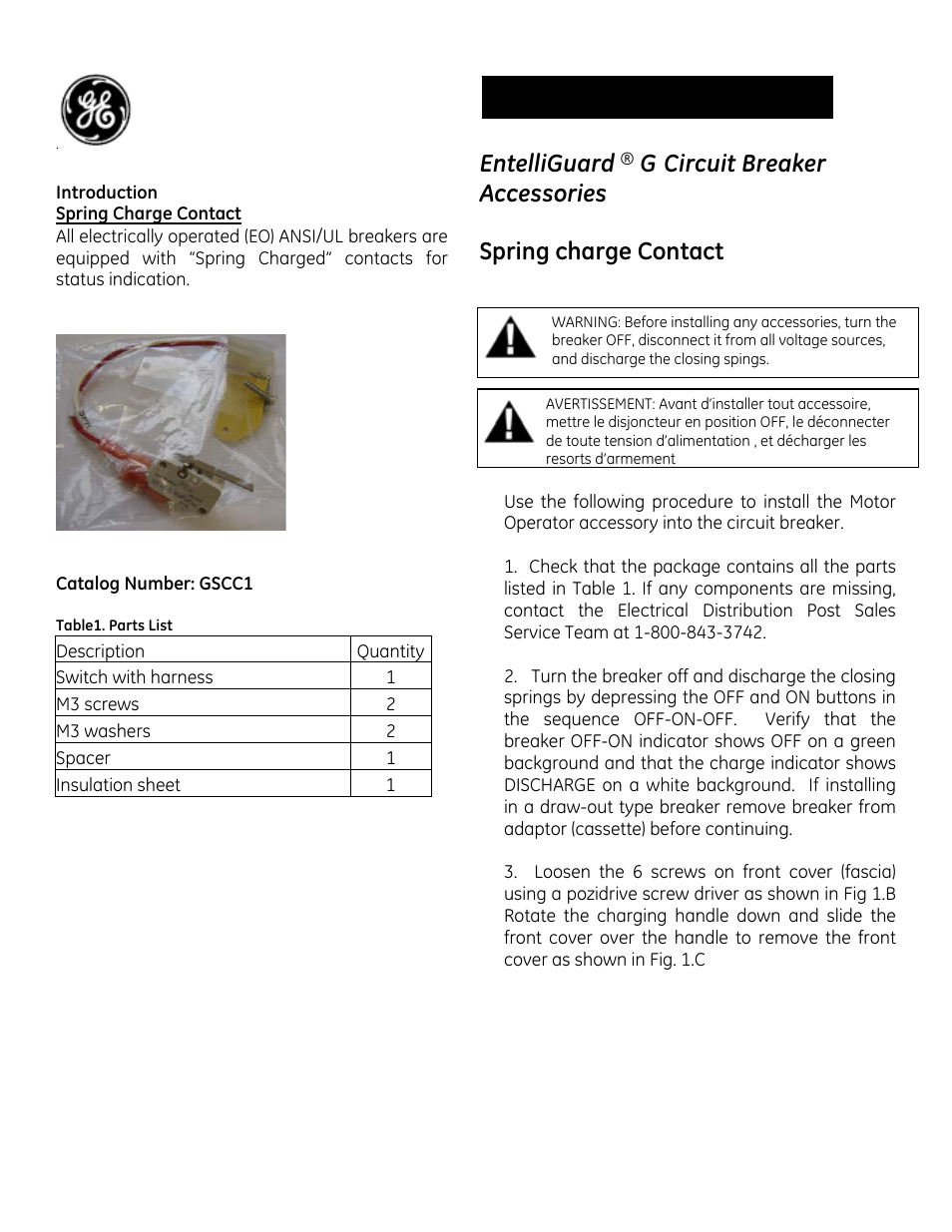 GE Industrial Solutions EntelliGuard G Spring charge Contact User Manual | 3 pages