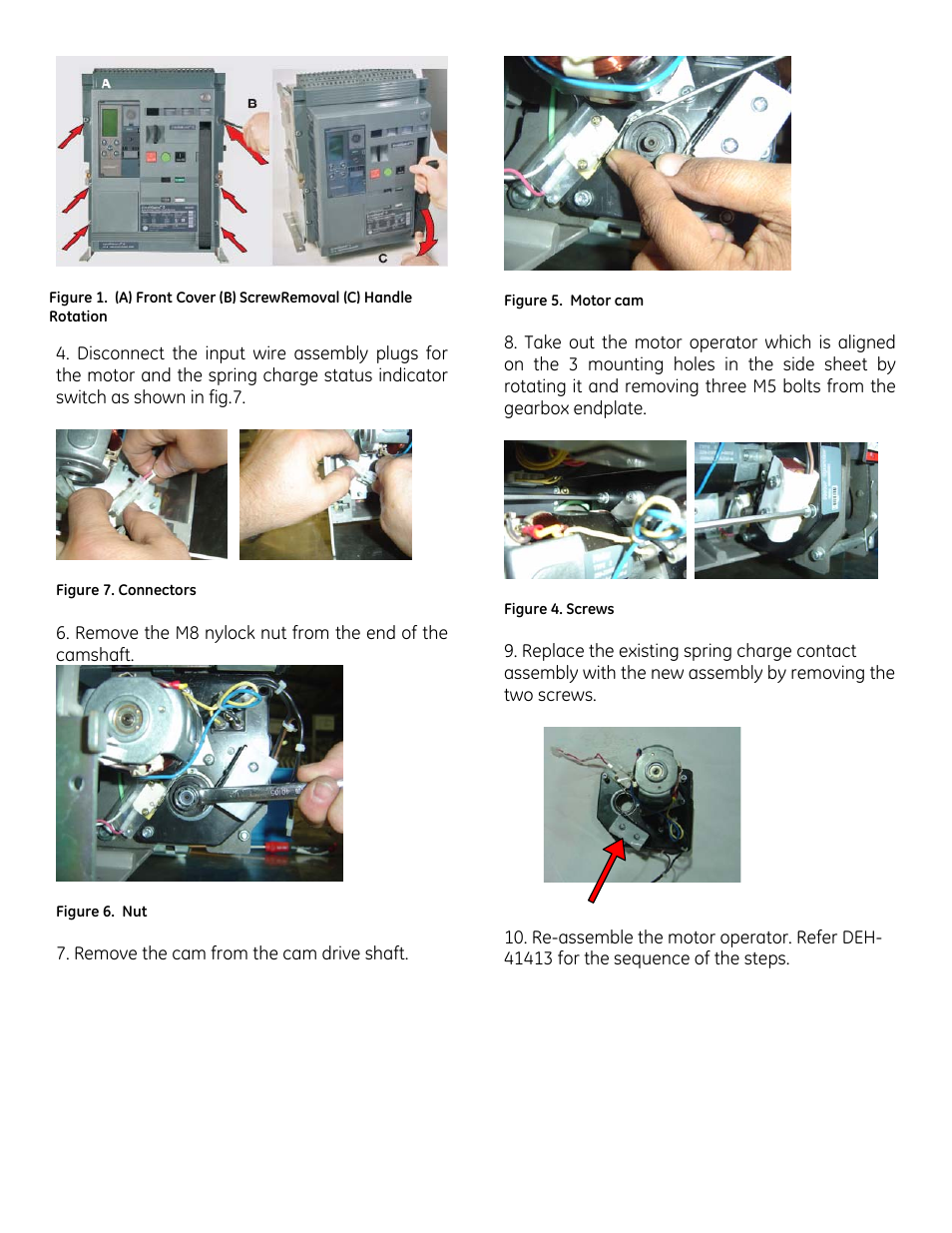 Figure 7. connectors, Figure 6. nut, Figure 5. motor cam | Figure 4. screws | GE Industrial Solutions EntelliGuard G Spring charge Contact User Manual | Page 2 / 3