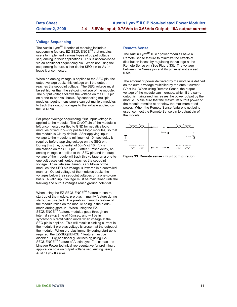 Austin lynx, Voltage sequencing, Remote sense | GE Industrial Solutions Austin Lynx II SIP User Manual | Page 14 / 19