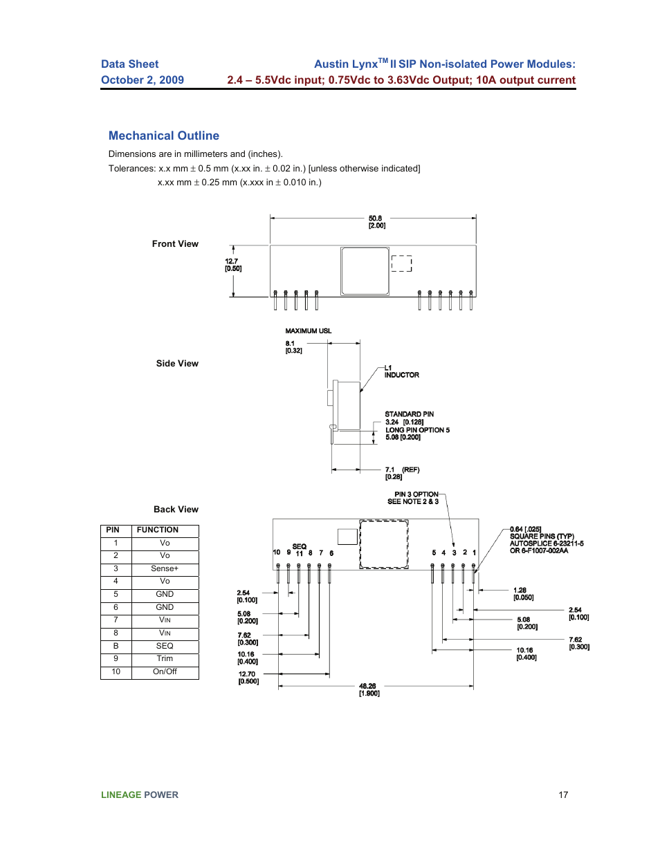 Mechanical outline | GE Industrial Solutions Austin Lynx II SIP User Manual | Page 17 / 19