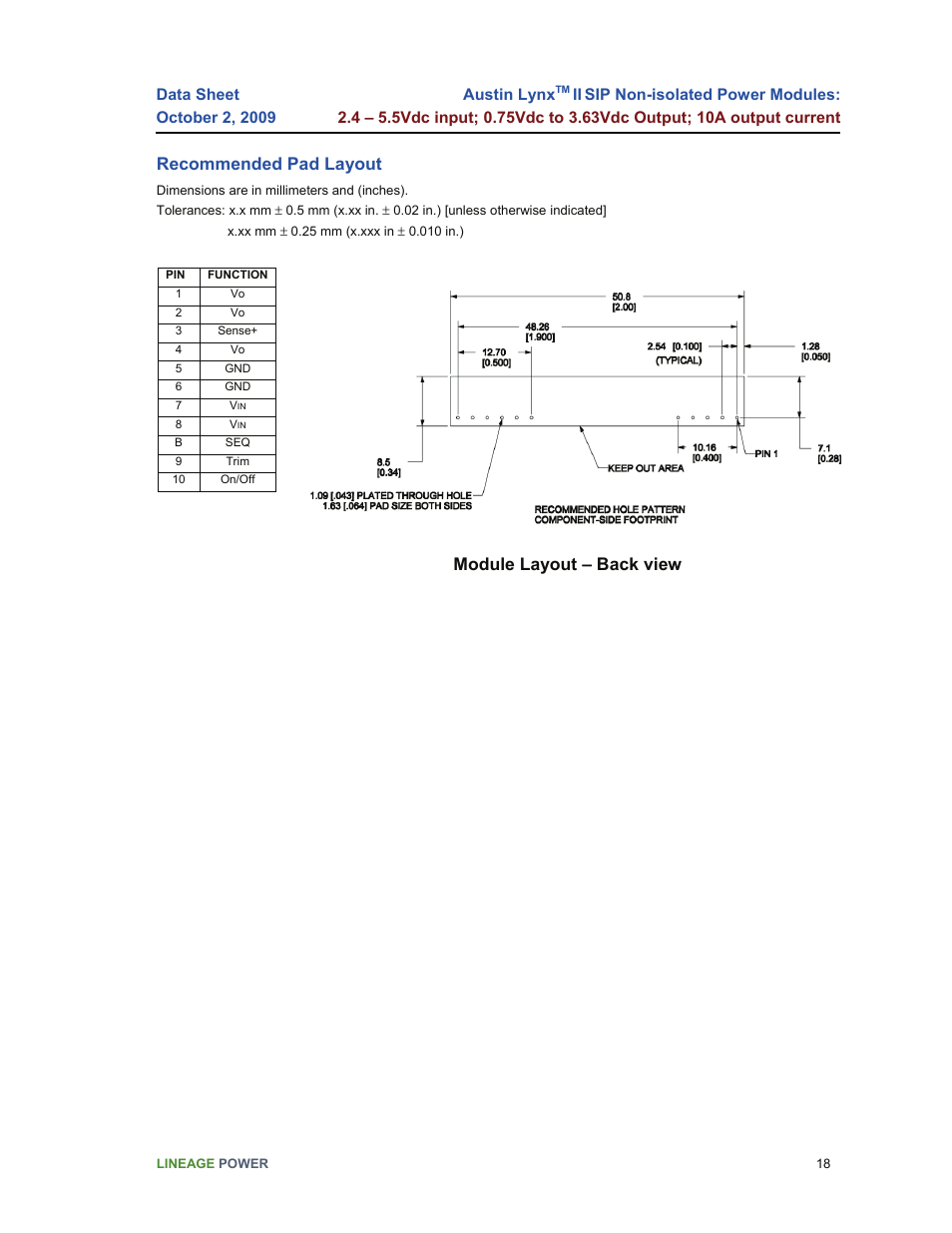 Recommended pad layout, Module layout – back view | GE Industrial Solutions Austin Lynx II SIP User Manual | Page 18 / 19