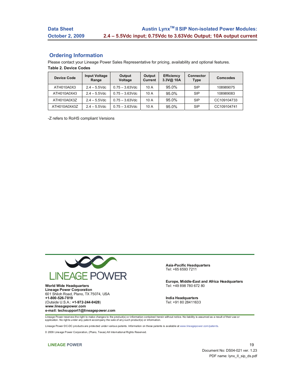 Ordering information, Austin lynx | GE Industrial Solutions Austin Lynx II SIP User Manual | Page 19 / 19