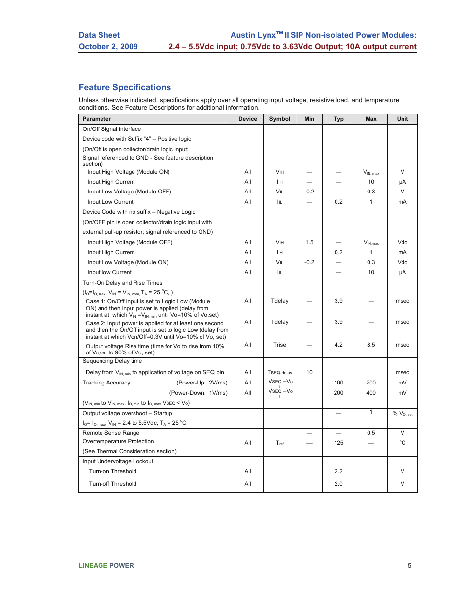 Feature specifications, Austin lynx | GE Industrial Solutions Austin Lynx II SIP User Manual | Page 5 / 19