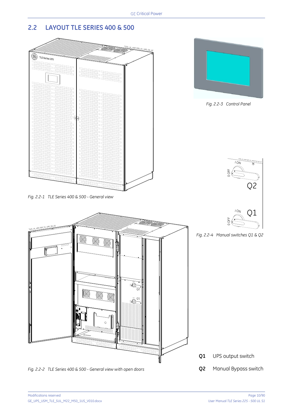 2 layout tle series 400 & 500, Layout tle series 400 & 500, Q1 ups output switch q2 manual bypass switch | GE Industrial Solutions TLE Series 225-500 User Manual User Manual | Page 10 / 90