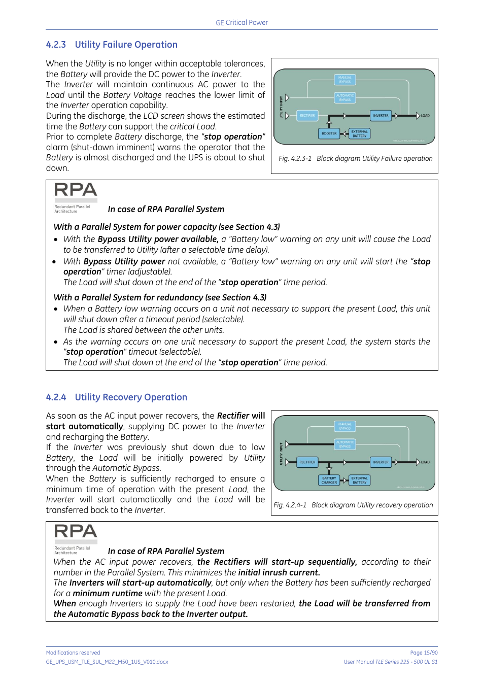 3 utility failure operation, 4 utility recovery operation, Utility failure operation | Utility recovery operation | GE Industrial Solutions TLE Series 225-500 User Manual User Manual | Page 15 / 90