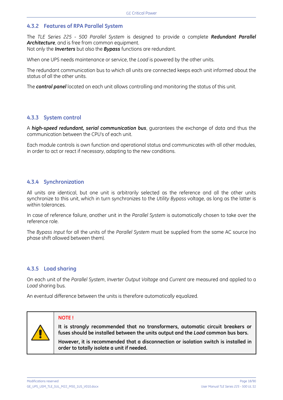 2 features of rpa parallel system, 3 system control, 4 synchronization | 5 load sharing, Features of rpa parallel system, System control, Synchronization, Load sharing | GE Industrial Solutions TLE Series 225-500 User Manual User Manual | Page 18 / 90