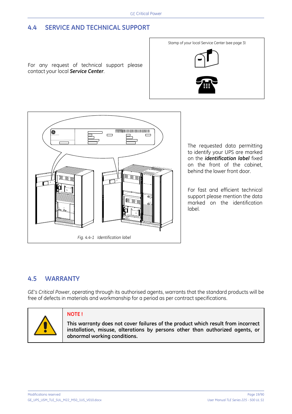 4 service and technical support, 5 warranty, Service and technical support | Warranty | GE Industrial Solutions TLE Series 225-500 User Manual User Manual | Page 19 / 90