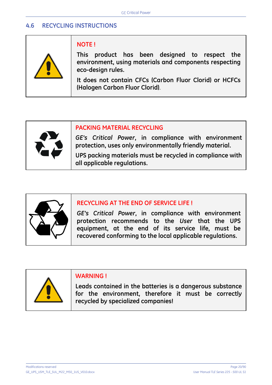 6 recycling instructions, Recycling instructions | GE Industrial Solutions TLE Series 225-500 User Manual User Manual | Page 20 / 90