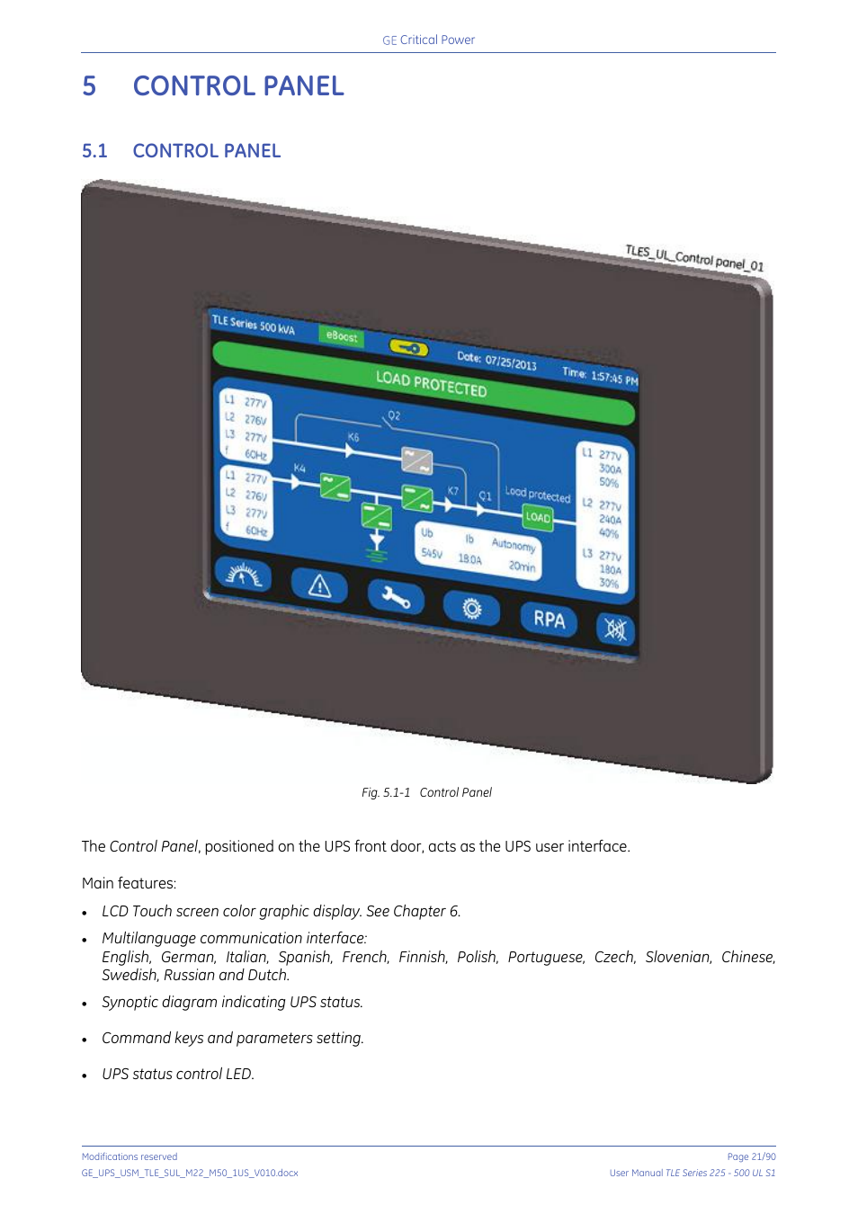5 control panel, 1 control panel, Control panel | GE Industrial Solutions TLE Series 225-500 User Manual User Manual | Page 21 / 90