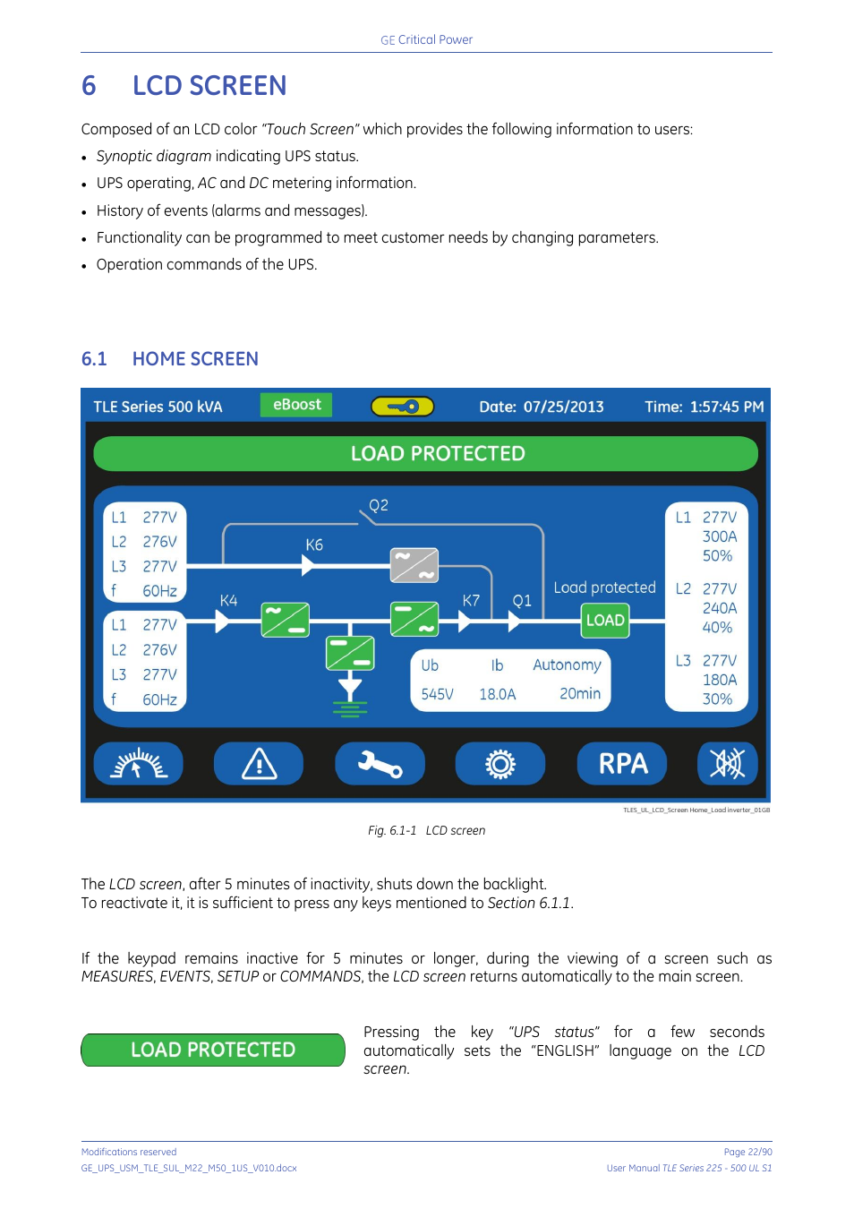 6 lcd screen, 1 home screen, Lcd screen | Home screen | GE Industrial Solutions TLE Series 225-500 User Manual User Manual | Page 22 / 90