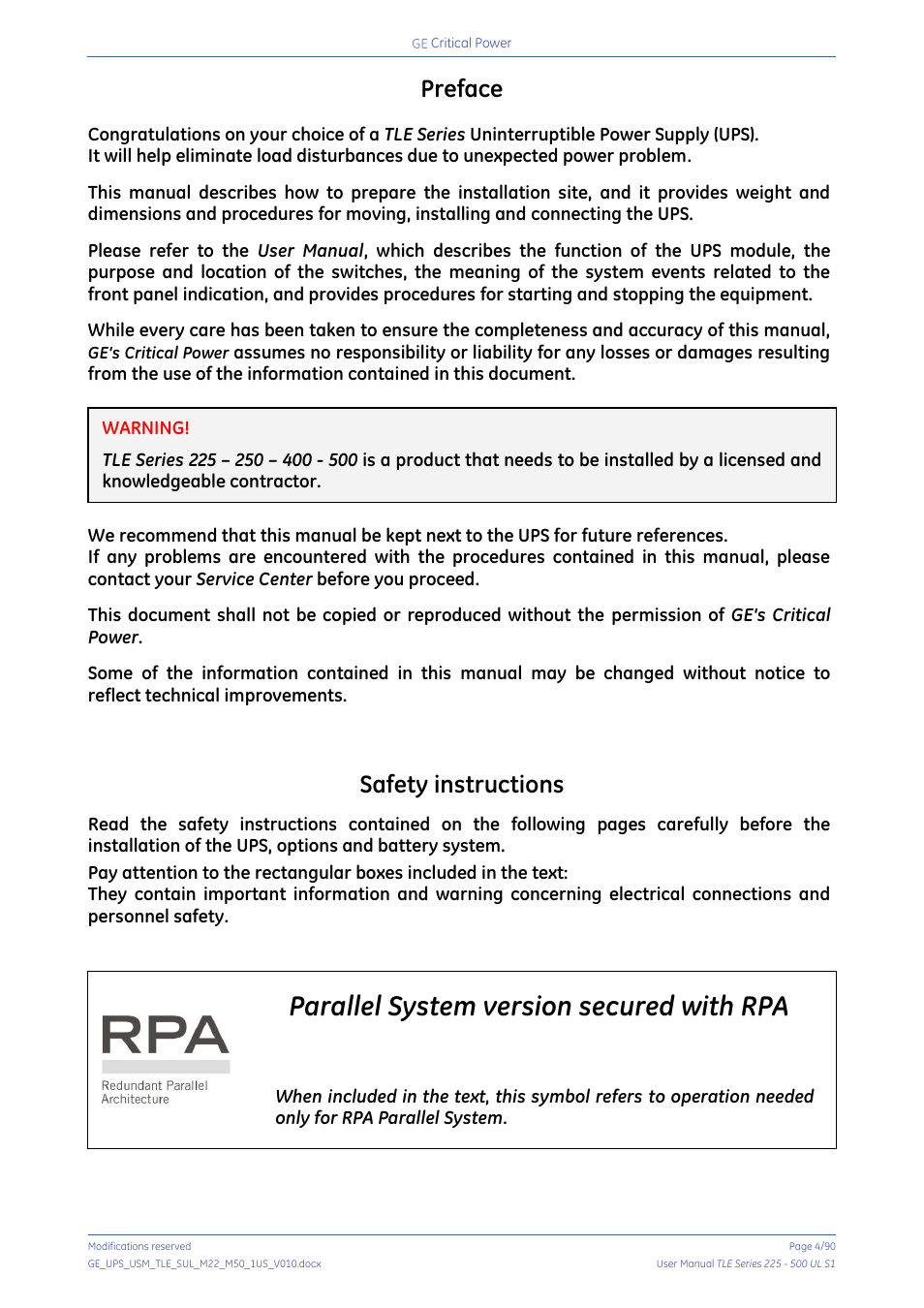 Parallel system version secured with rpa, Preface, Safety instructions | GE Industrial Solutions TLE Series 225-500 User Manual User Manual | Page 4 / 90