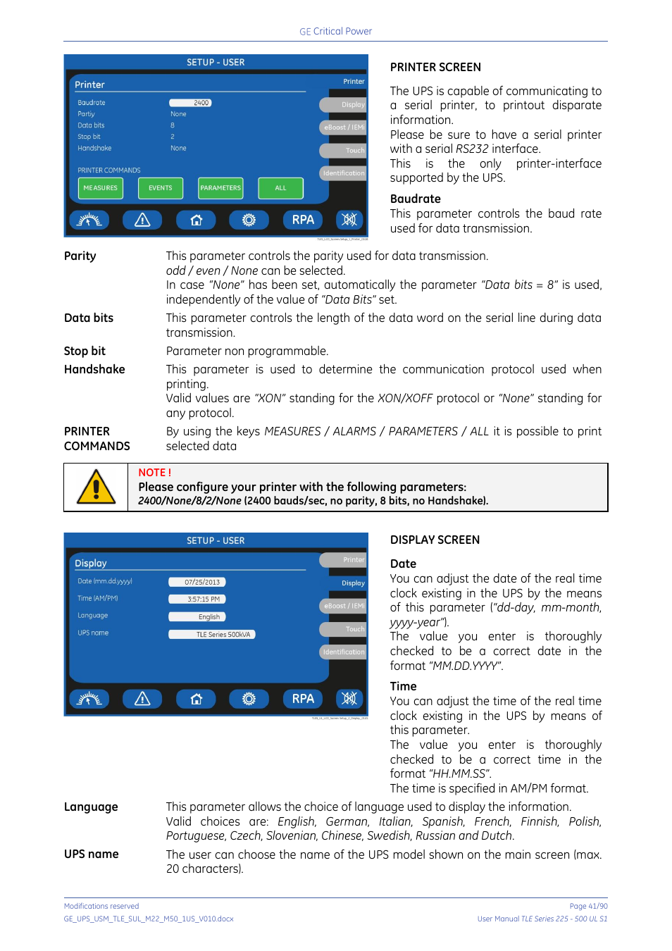Printer screen, Data bits, Stop bit | Parameter non programmable, Handshake, Printer commands, Display screen | GE Industrial Solutions TLE Series 225-500 User Manual User Manual | Page 41 / 90