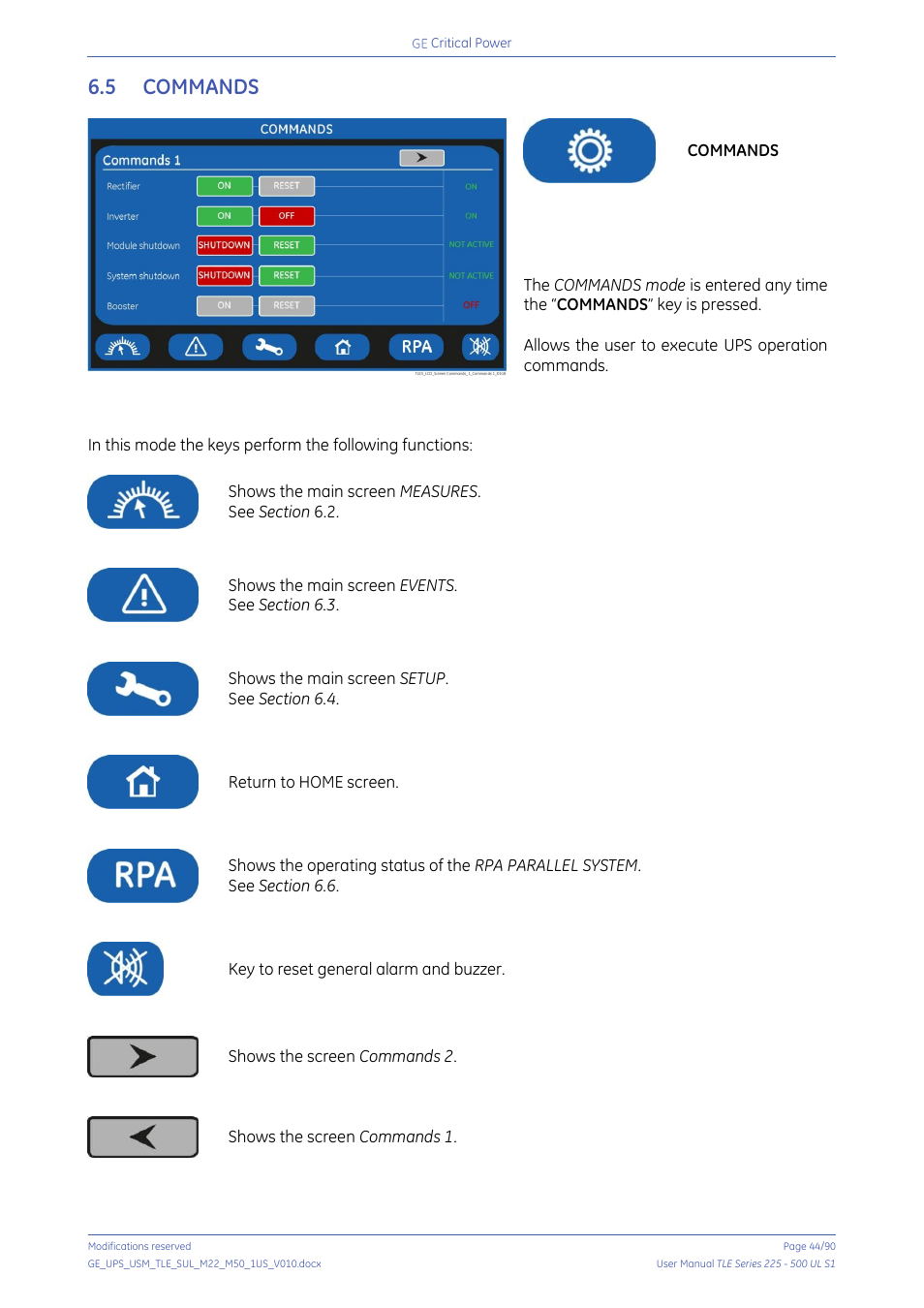 5 commands, Commands | GE Industrial Solutions TLE Series 225-500 User Manual User Manual | Page 44 / 90